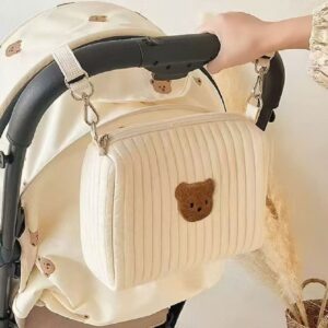 New Zipper Embroidered Bear Pure Cotton Mommy Baby Stroller Hanging Diaper Bag, Portable Travel Storage Bag