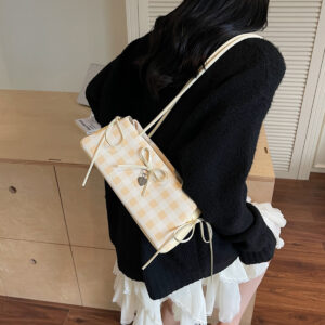 iPlaid Bow Baguette Bag Women Bead‑Accent Drawstring Underarm Shoulder Handbag
