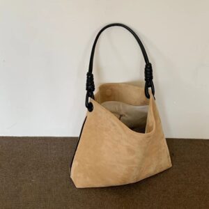 Korean Version Ins Style Autumn Winter Retro Suede Color-Block Single Shoulder Bucket Women Large Capacity Handheld Tote