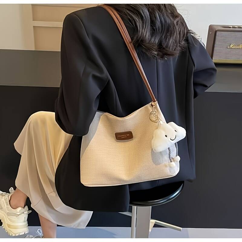 Linen Fabric Hobo Tote Bag Letter Label Thin Strap Women Daily Shoulder Purse