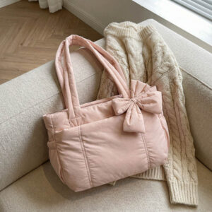 In Stock Bowknot Yoga Winter New Embroidered Checkered Space Cotton Shoulder Tote Bag