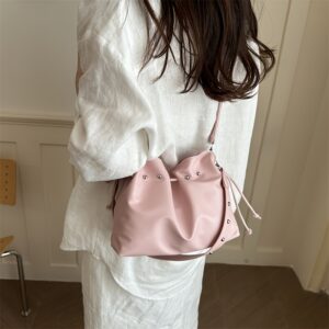 Solid Color Pleated Drawstring Shoulder Bag Soft Texture Ladies Versatile Daily Messenger Purse