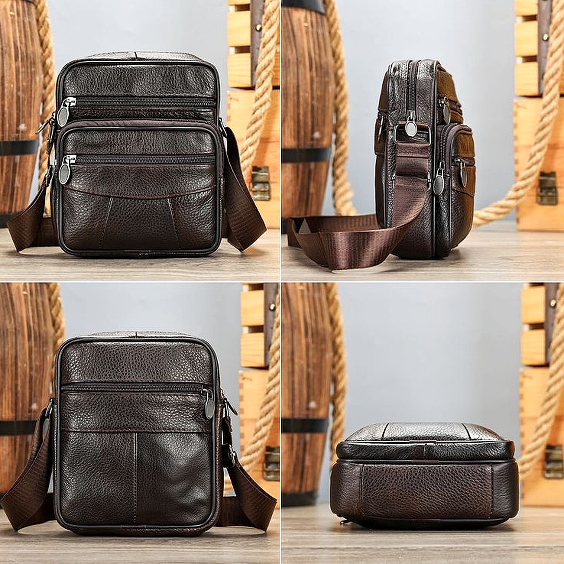 Men's Top Grain Cowhide Crossbody Casual Simple Multi-Pocket Shoulder Bag - Image 3