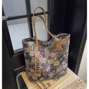 Bear Embroidered Canvas Women 2026 New Casual Tote Bag Single Shoulder Large Capacity For Class And Commute