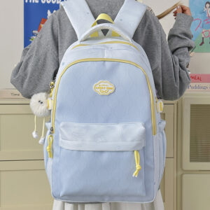 Wave Print Backpack With Fluffy Decor Charms Multi Pockets Large Capacity Lightweight Girls School Travel Daypack