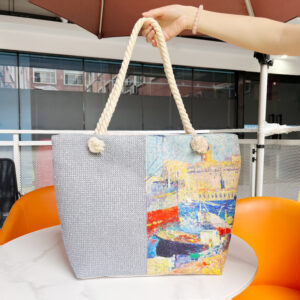 Women’s Large Capacity Patchwork Canvas Tote New Style Digital Print PP Straw Beach Bag With Cotton Rope