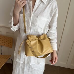 Solid Color Pleated Drawstring Shoulder Bag Soft Texture Ladies Versatile Daily Messenger Purse