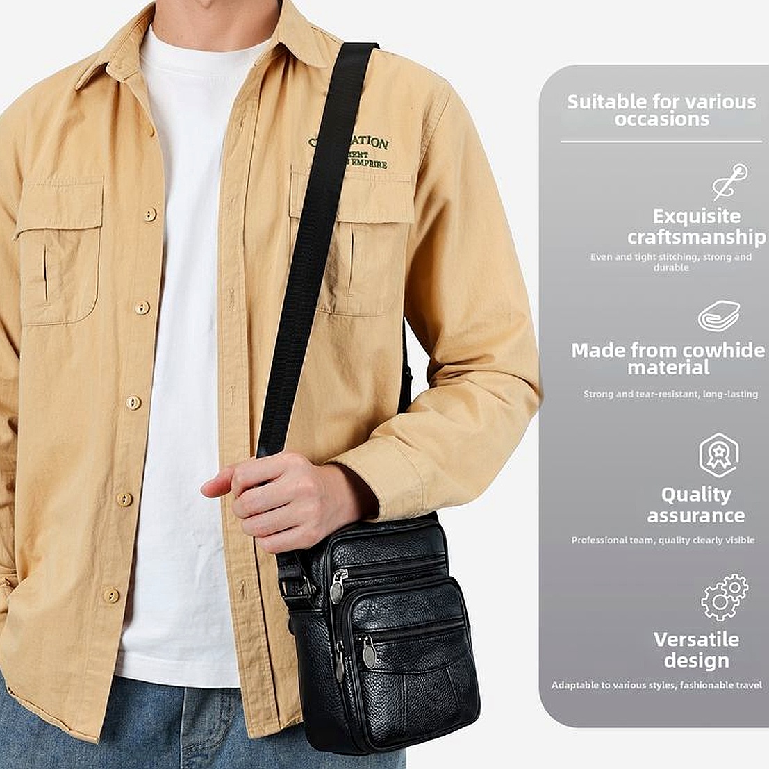 Men's Top Grain Cowhide Crossbody Casual Simple Multi-Pocket Shoulder Bag - Image 2