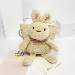 Cute Cartoon Rabbit Mini Straw Bag Handmade Woven Kid Messenger Bags Crossbody Handbag Storage Basket Coin Purse Po