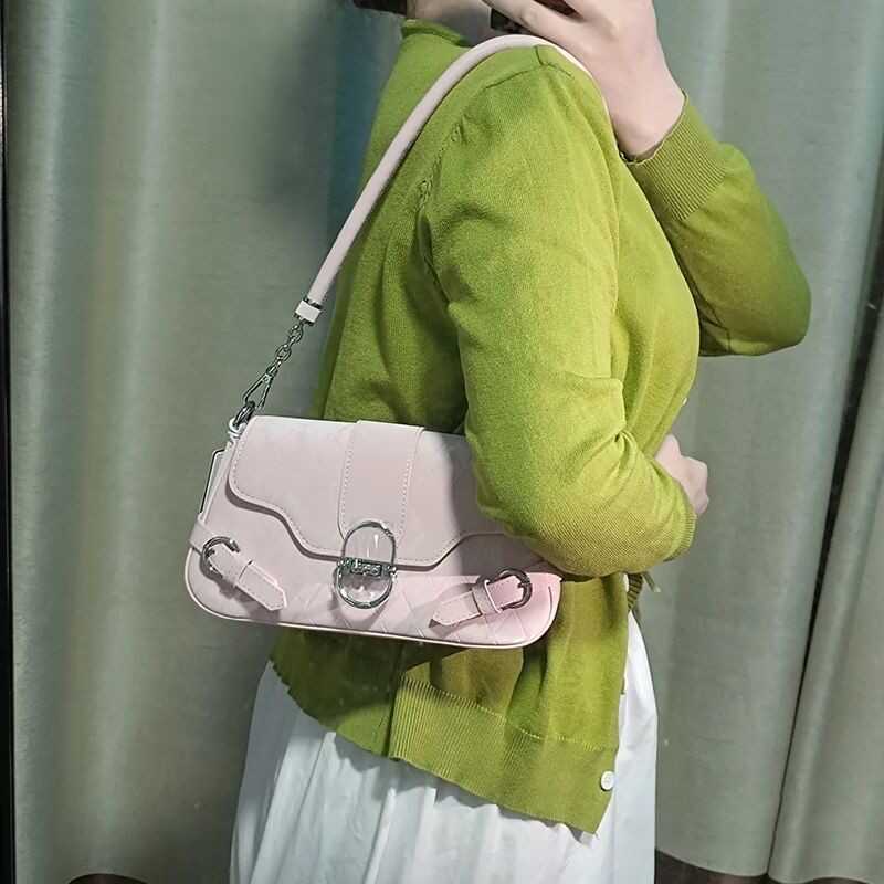 Sweet Pink Quilted Buckle Shoulder Bag Ladies Fashion Versatile Commute Crossbody Purse - Image 4