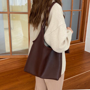 Bags Tote Women’s Capacity Simple Shoulder New Style Solid Color Lightweight Soft Leather Mother A Child Large Bag