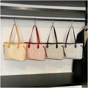 Women’s Stylish Striped Color-Block Tote – Large Capacity PU Leather Casual Shoulder With Zipper Closure For Everyday
