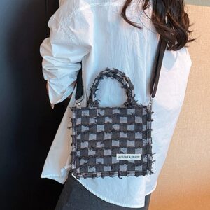 New Niche Design Of Korean Hand-held Fashion Women, Checkered Denim Tote Bag, And A Student’s Crossbody Bag For Class