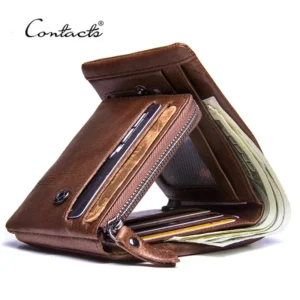 CONTACT Genuine Crazy Horse Mens Retro Three Fold Zipper Coin Pocket Denim Leather Wallet 241028