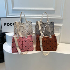 Cross-Border New Large Capacity Corduroy Bowknot Tote Multi-Pocket Design Shopping Bag Fashion Casual Handbag