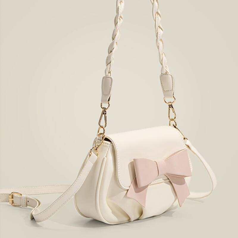 Pink Bow Flap Crossbody Bag Women Soft Leather Mini Saddle Handbag - Image 4