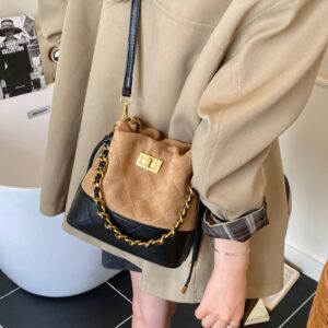 Autumn And Winter Retro Color-block Suede For Women, 2026 New Fashion Quilted Crossbody Bag, Chain Handbag, Bucket Bag