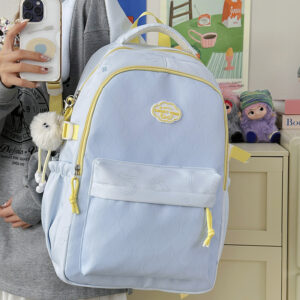 Wave Print Backpack With Fluffy Decor Charms Multi Pockets Large Capacity Lightweight Girls School Travel Daypack