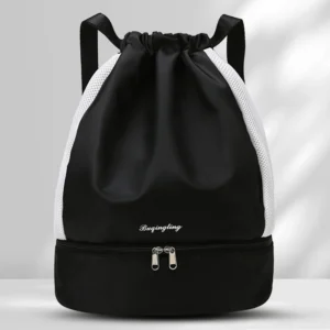 Drawstring String Knapsack Shoe Compartment Casual Bag with Mesh Pockets for Fitness Sports Yoga Exercise