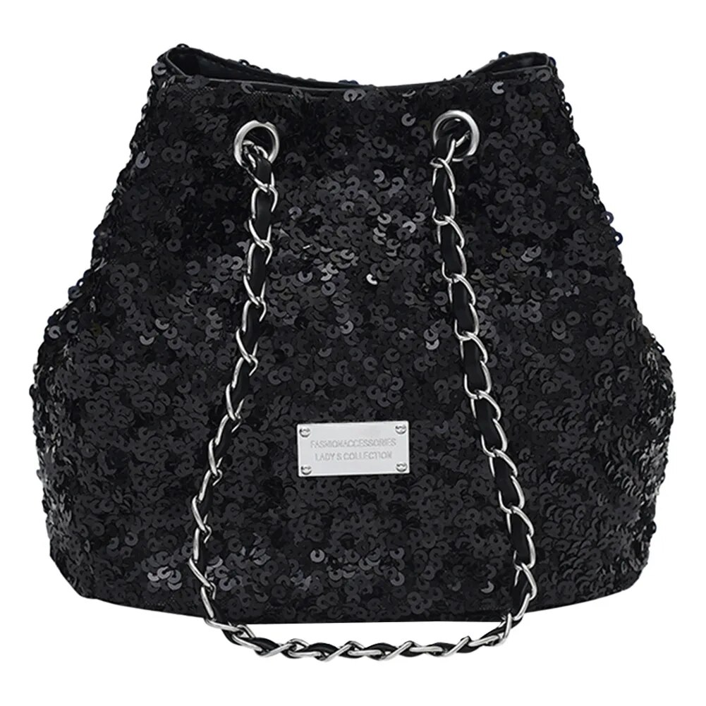 Lightweight Chain Decor Handbag Solid Fashion Bling Adjustable Shoulder Straps Bucket Cylinder Women Crossbody Bag - Image 5