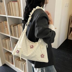 Floral Embroidery Ruffle Tote For Women Adjustable Strap Soft Fabric Large Student Shoulder Bag