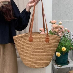 New Solid Color Straw Women, Versatile Shoulder Woven Large Capacity Tote Bag, Beach Bag For Seaside Vacations