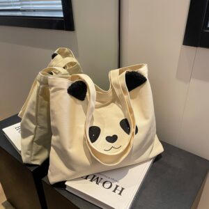 New Leisure College Student Shoulder Panda Print Large Capacity Canvas Women’s Commuter Tote Bag