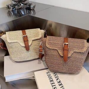 Simple saddle paper braided grass single shoulder crossbody buckle woven bag, casual beach women’s bag