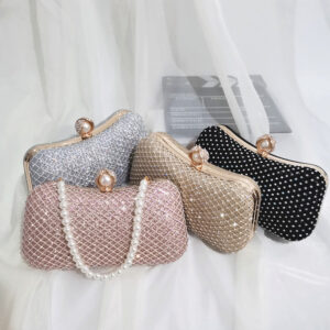 Rhinestone Pearl Pillow Shaped One Shoulder Crossbody Net Diamond Shiny Dress Evening Clutch Bag