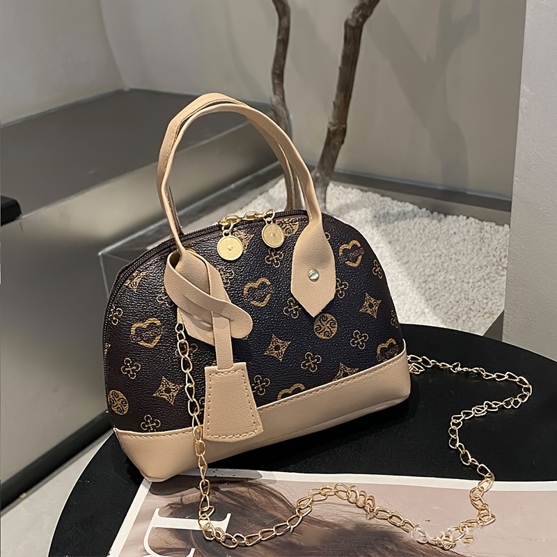 Printed Dome Women Crossbody Bag Contrast PU Trim Top Handle Chain Shoulder Handbag - Image 10