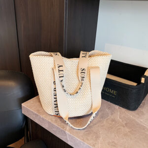 Handmade Woven Large Capacity Summer Vacation Beach for Women Multi Color PU Leather Commuter Bucket Sling Bag with