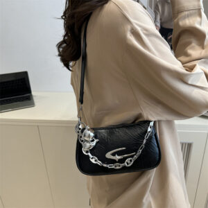 Y2K Star Pattern Women Underarm Bag PU‑Leather Thick Chain Shoulder Purse With Pendant