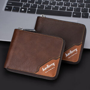 Men’s Short Zipper Around Wallet, Retro Color Block Faux Leather Purse, Multi Slots Horizontal Coin Card Holder