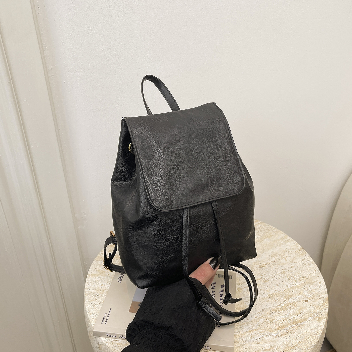 Cartoon Face Drawstring Backpack Women Soft‑Leather Multi‑Purpose Crossbody Shoulder Purse - Image 9