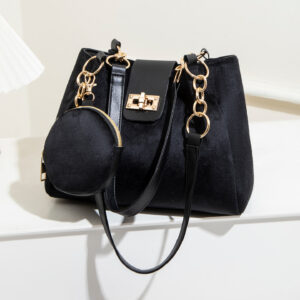 New Women’s Black Suede Crossbody Bag Versatile Commuter Shoulder Lock Chain Fashionable Handbag