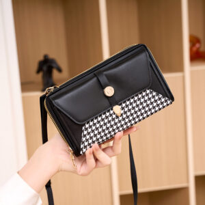 New Phone Bag For Women, Single Shoulder Crossbody, High-End Niche Houndstooth Bag, Large Capacity Double Zipper Wallet