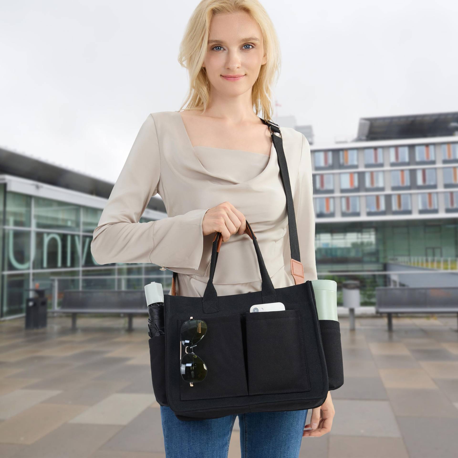 Large Canvas Tote For Women, With Pockets, Laptop Shoulder Bag - Image 13