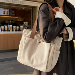 Vintage Large-capacity Textured Commuter Tote Canvas For Women, Fashionable Multi-pocket Practical Student