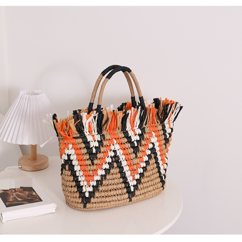 Retro Straw Loose Edge Hand Held Colorblock Woven Seaside Holiday Beach Women's Bag - Image 2