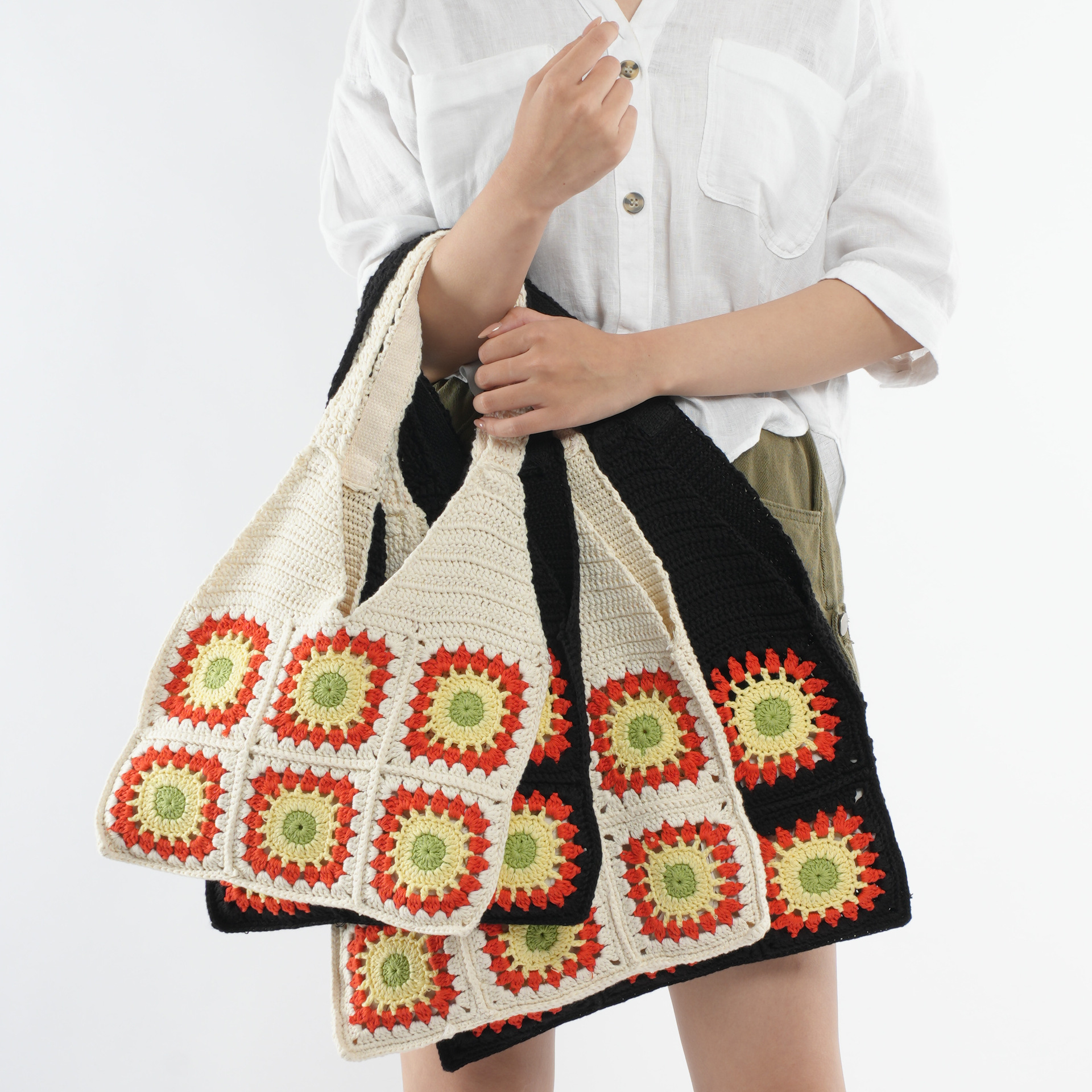 Handmade Crochet Hollow Flower Knitted Large and Small Tote Bags