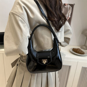 Women Glossy Hobo Handbag, Trendy Lock Design Shoulder Bag, Minimalist Crossbody Purse With Removable Strap