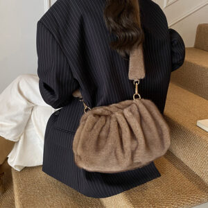 Mink Fur Pleated Cloud High-end Single Shoulder Crossbody Bag, Women’s Fashion Trend Plush Bag