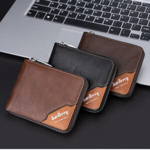 Men’s Short Zipper Around Wallet, Retro Color Block Faux Leather Purse, Multi Slots Horizontal Coin Card Holder