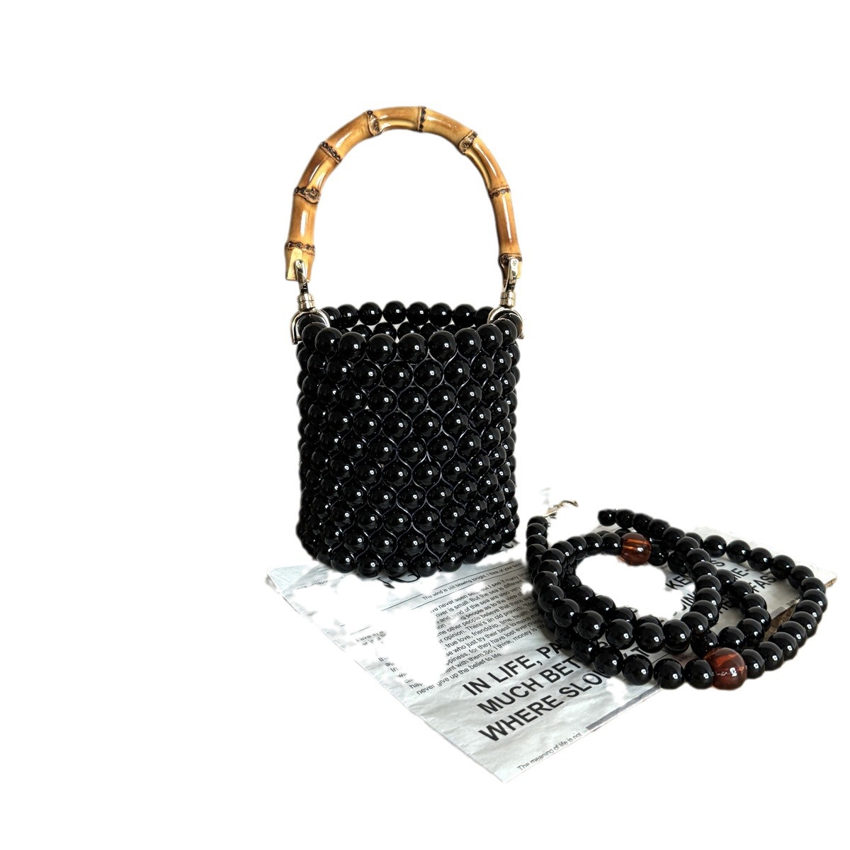 Bucket Bamboo Advanced Sense Of Metal Pearl Beaded Women's Bag - Image 3
