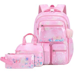 Butterfly Print Three Piece Backpack Set For Girls Pink Purple Blue Student Shoulder Bag Travel Gear Accessories
