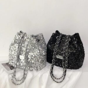 Lightweight Chain Decor Handbag Solid Fashion Bling Adjustable Shoulder Straps Bucket Cylinder Women Crossbody Bag