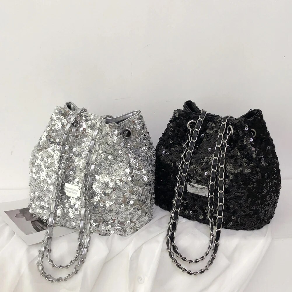 Lightweight Chain Decor Handbag Solid Fashion Bling Adjustable Shoulder Straps Bucket Cylinder Women Crossbody Bag - Image 2
