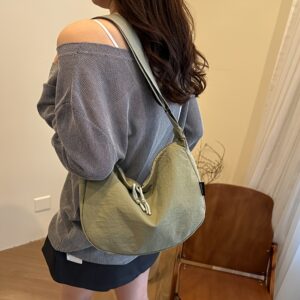 Women Black Drawstring Moon Shape Crossbody Bag Lightweight Nylon Casual Adjustable Strap Shoulder Purse