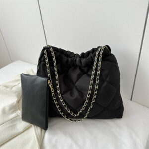 2pcs Quilted Pleated Crossbody for Women Padded Shoulder Design Tote Winter Bucket Casual Handbags Chain Shopper Bag