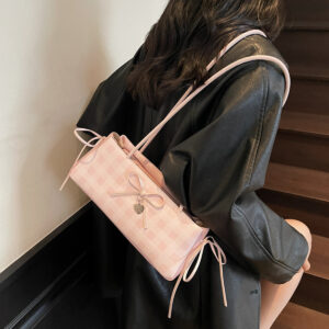 iPlaid Bow Baguette Bag Women Bead‑Accent Drawstring Underarm Shoulder Handbag